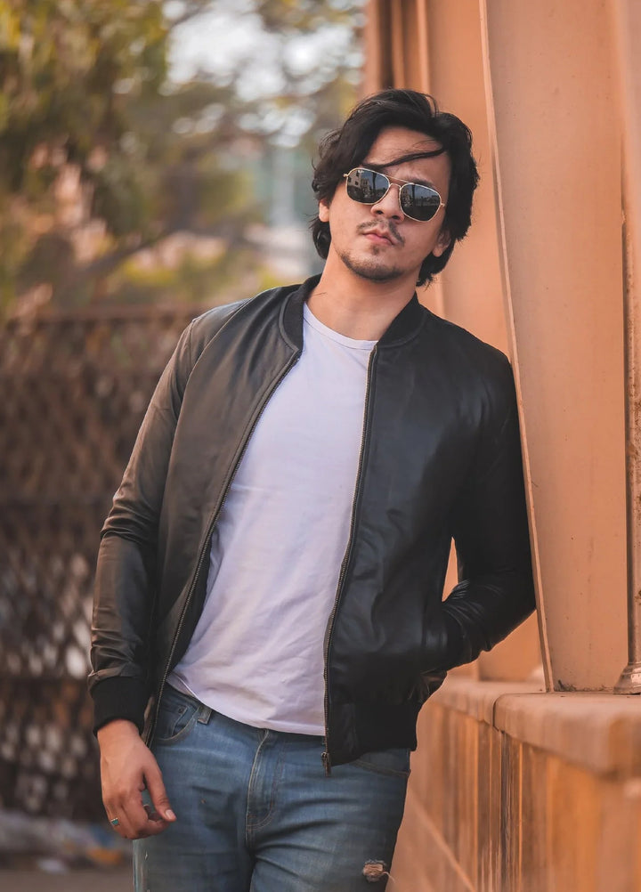 Bomber Style Mens Leather Jacket-Black