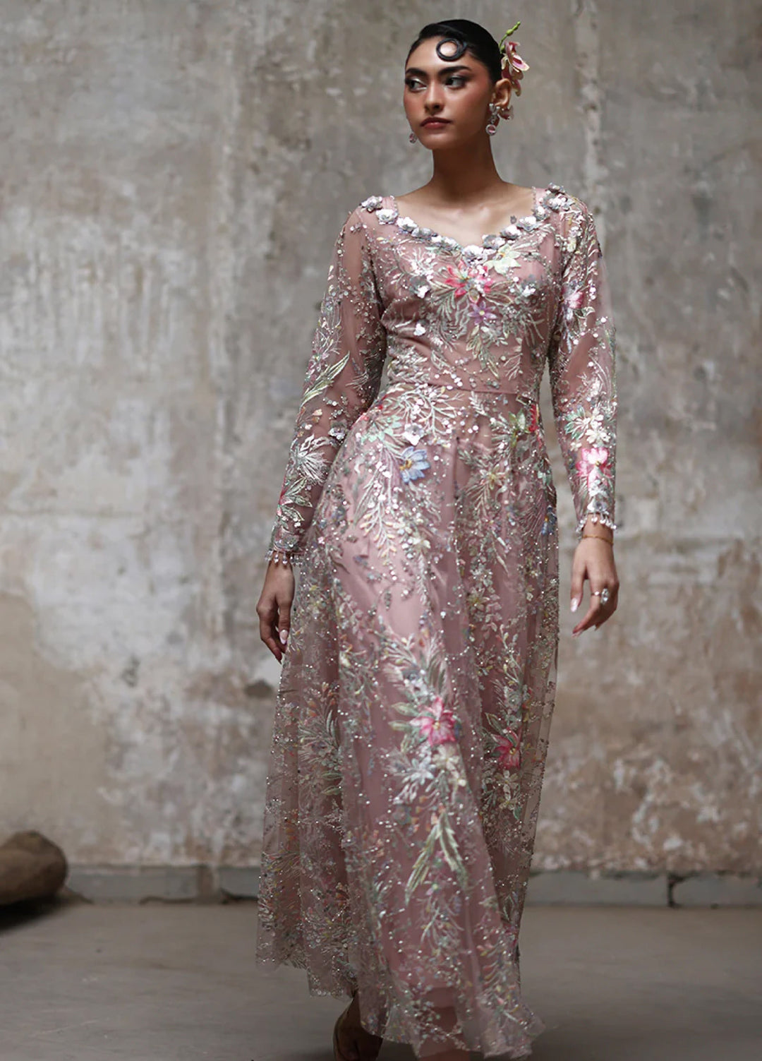 Threads And Motifs Women Pret Net Embroidered Dress 1 Piece 9773.5 - Formals Collection