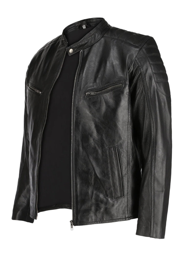 Mens Black Lambskin Biker Style Leather Jacket