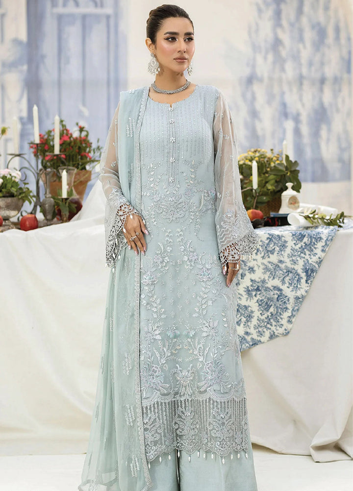 Lavish Premium Unstitched Embroidered Chiffon 3 Piece Suit D-05 Ice Blue - Wedding Collection