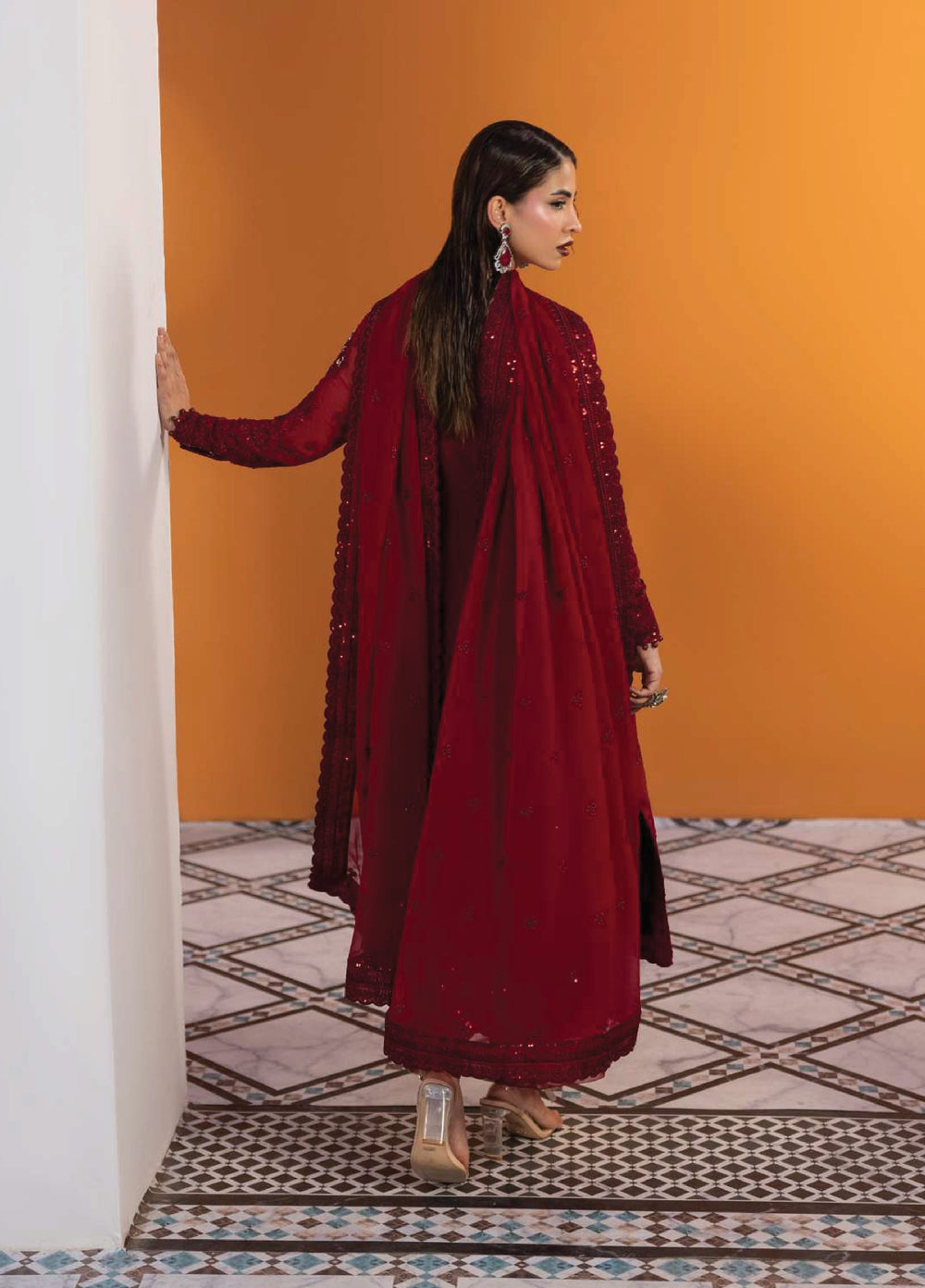 Maeri by Gulaal Unstitched Embroidered Chiffon 4 Piece Suit GL26UMC Crimson D-46 - Festive Collection