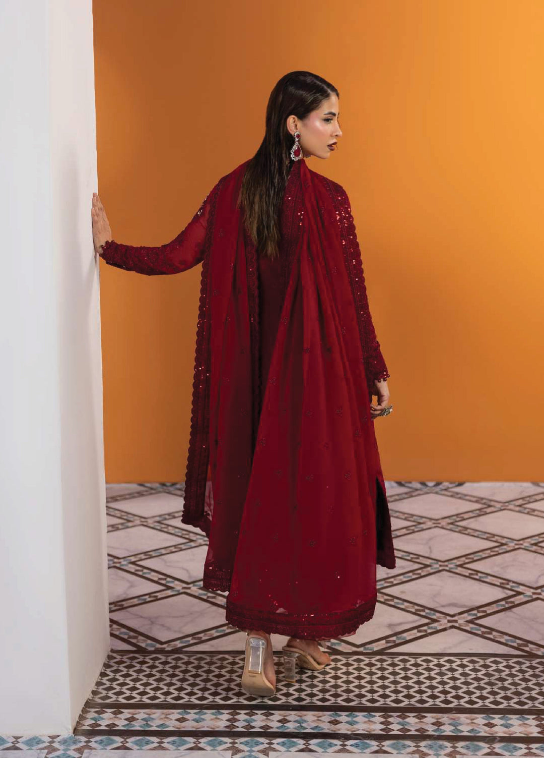 Maeri by Gulaal Unstitched Embroidered Chiffon 4 Piece Suit GL26UMC Crimson D-46 - Festive Collection