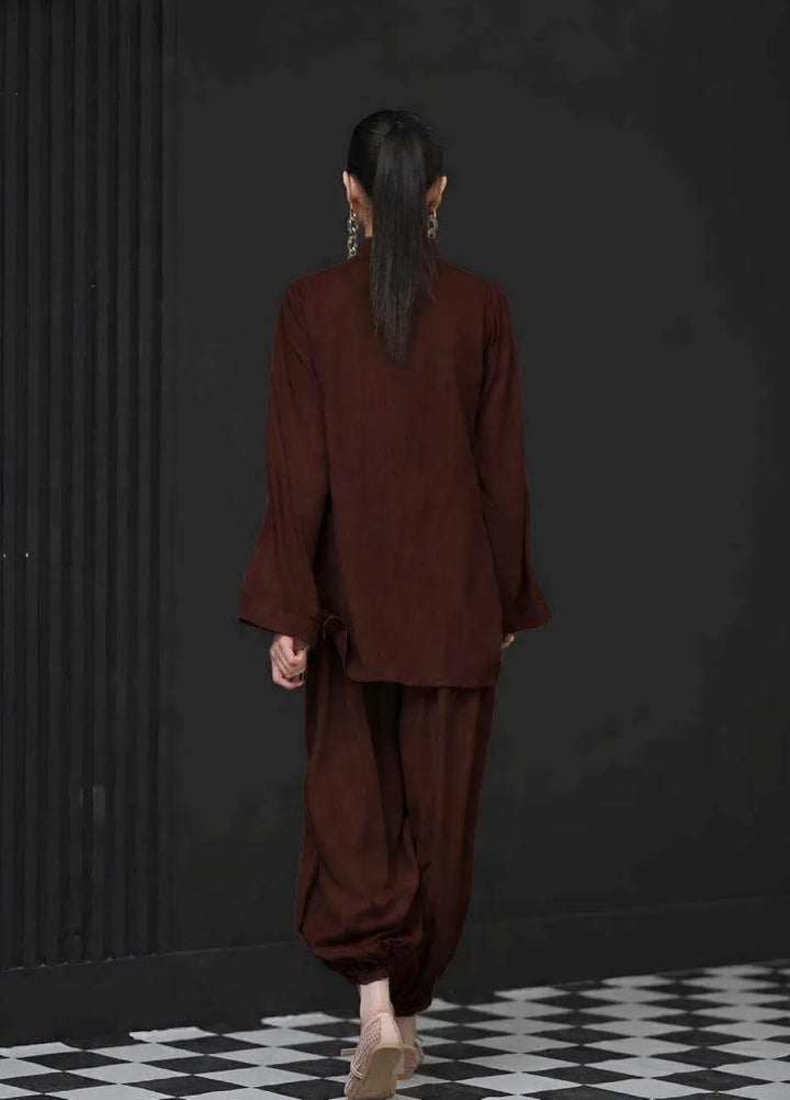Minor Defect by Ayesha Somaya RTW Solids Irish Linen 2 Piece Suit Brown Mandarin Casual Collection