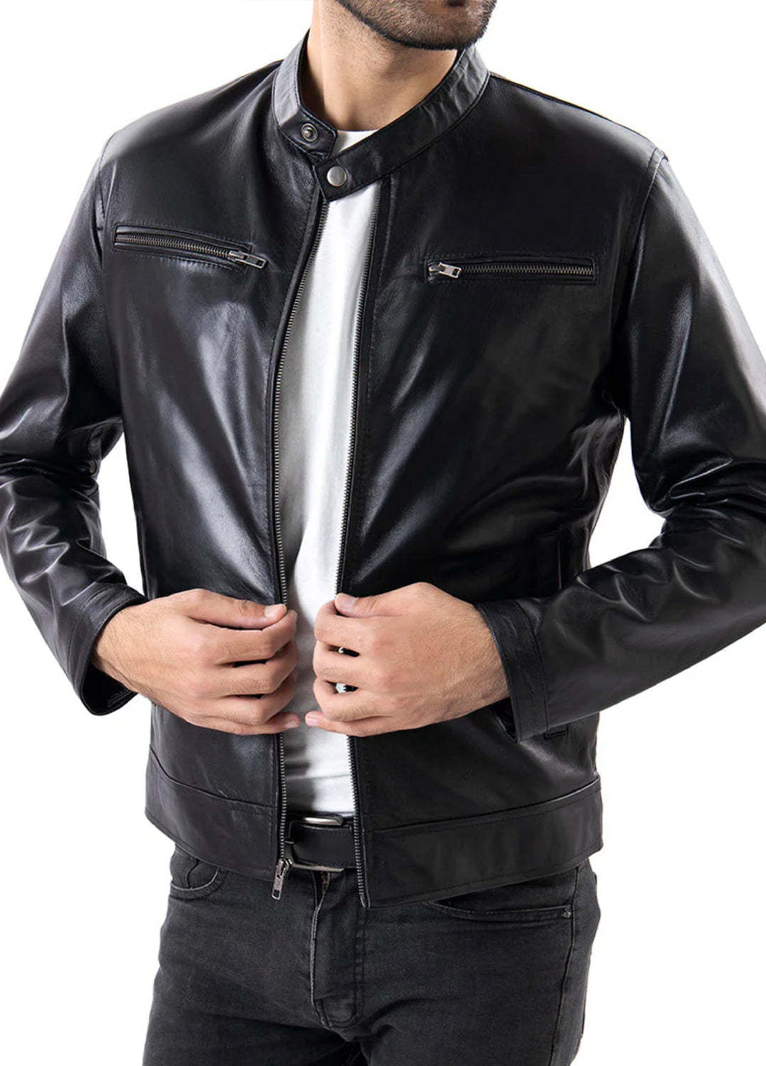 Black Mens Pure Sheep Leather Zipper Front Pockets Jacket