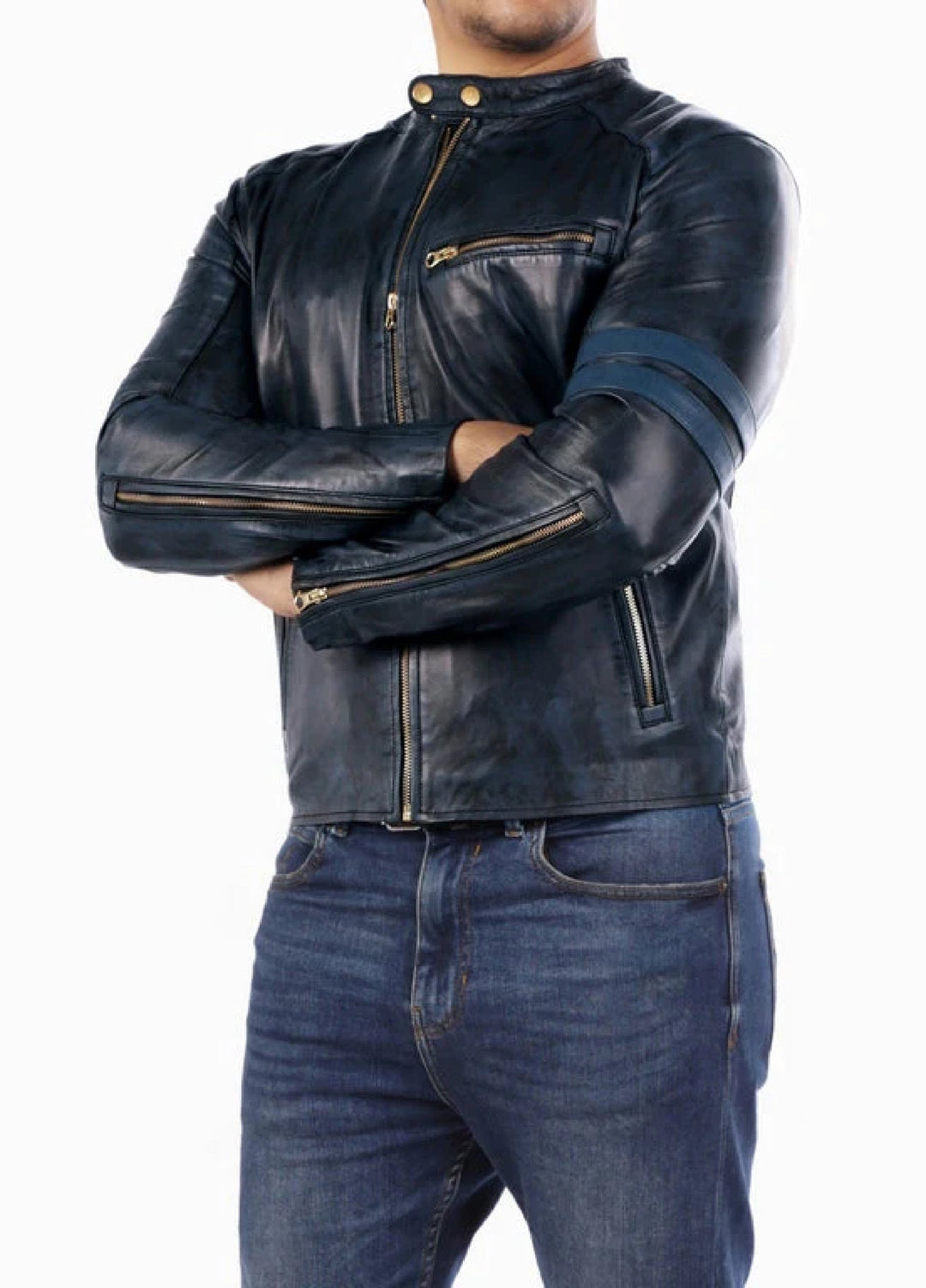 Cafe Racer Genuine Lambskin Leather Jacket-Blue