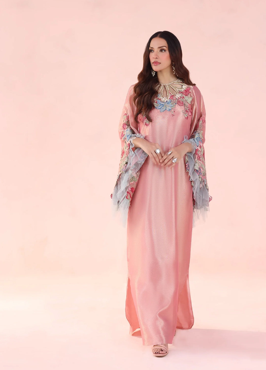 Eterna by Musferah Saad Pret Embroidered Tissue Kaftaan Moonlit Blush - Festive Collection