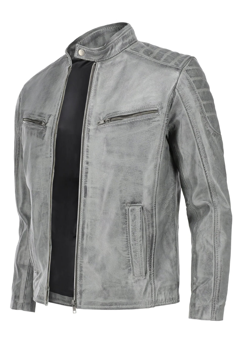 Mens Grey Wax Lambskin Biker Style Leather Jacket