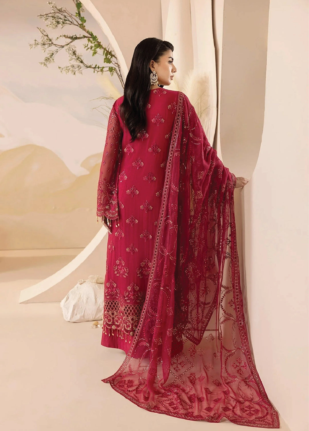 Lavish Premium Unstitched Embroidered Chiffon 3 Piece Suit Crimson - Wedding Collection