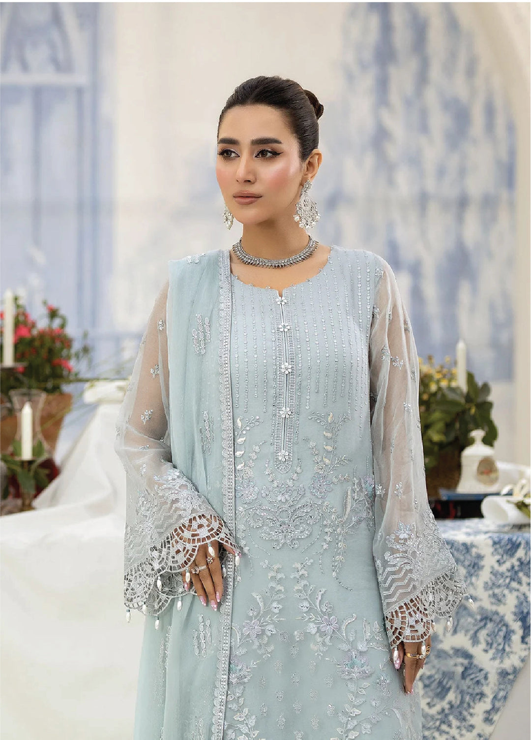 Lavish Premium Unstitched Embroidered Chiffon 3 Piece Suit D-05 Ice Blue - Wedding Collection