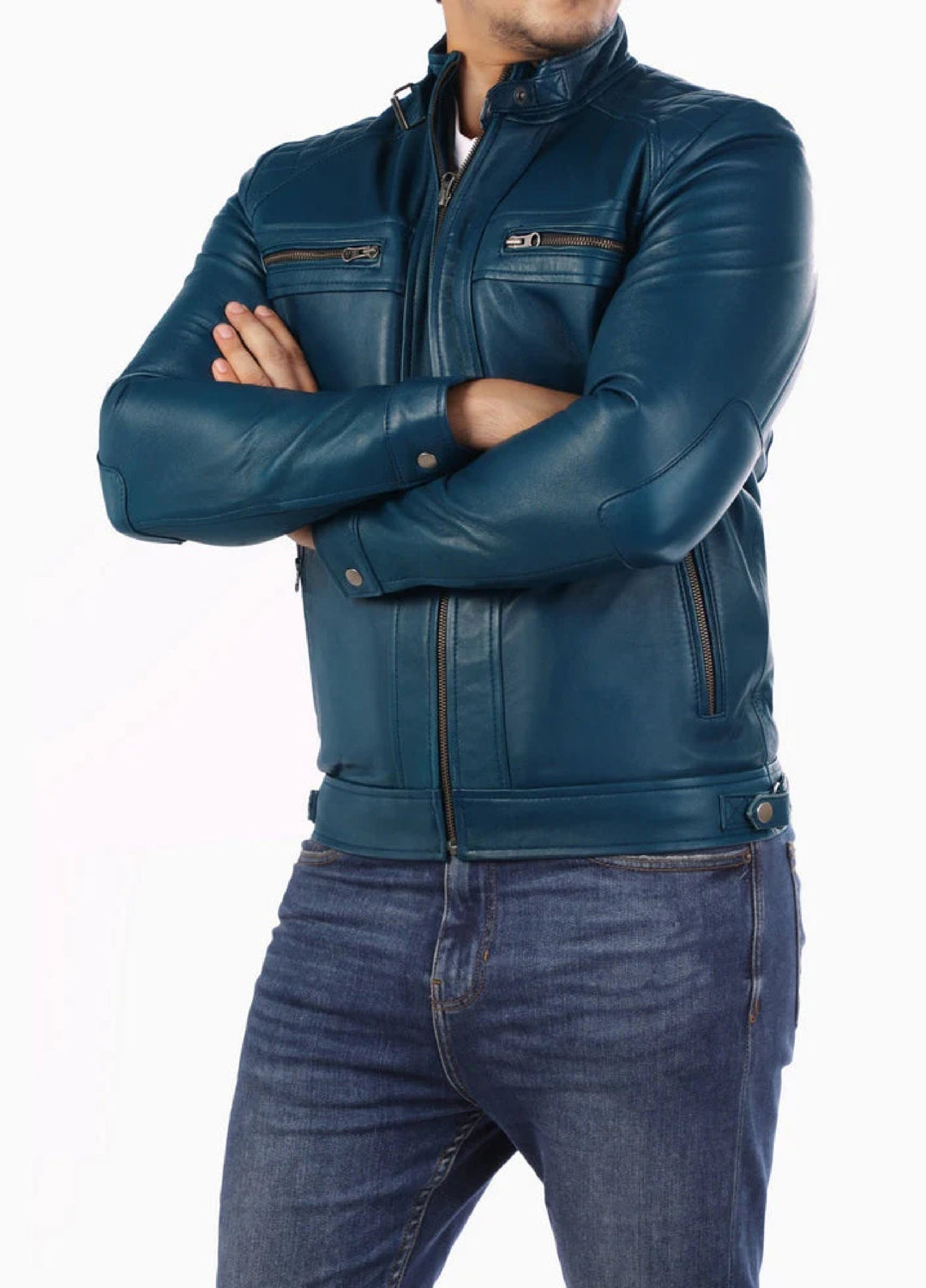 Men's Casual Signature Diamond Lambskin Leather Jacket-Blue