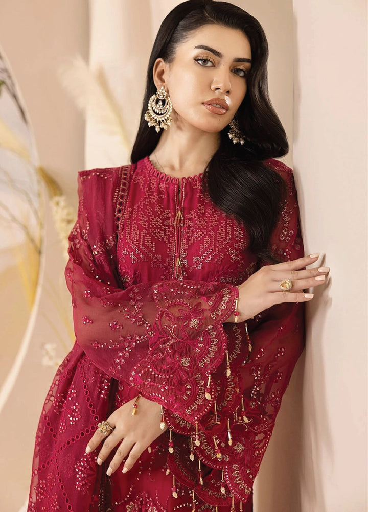 Lavish Premium Unstitched Embroidered Chiffon 3 Piece Suit Crimson - Wedding Collection
