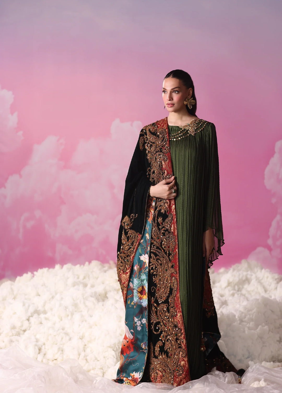 Mount Olypus by Musferah Saad Pret Embroidered Chiffon Kaftan Emerald Eclat - Festive Collection
