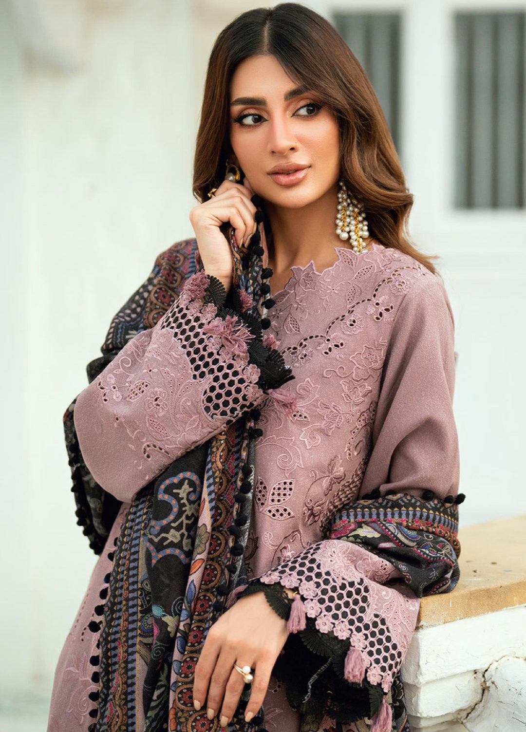 Florent Serenity Embroidered Woolen Shawls Unstitched Karandi Suits 3 Piece FL25WS FL-8B - Winter Collection