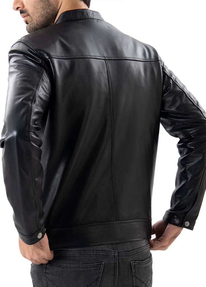 Black Mens Pure Sheep Leather Zipper Jacket