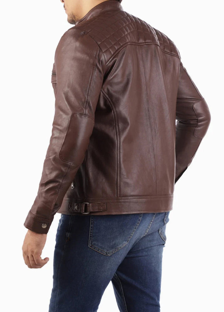Men's Casual Signature Diamond Lambskin Leather Jacket-Brown