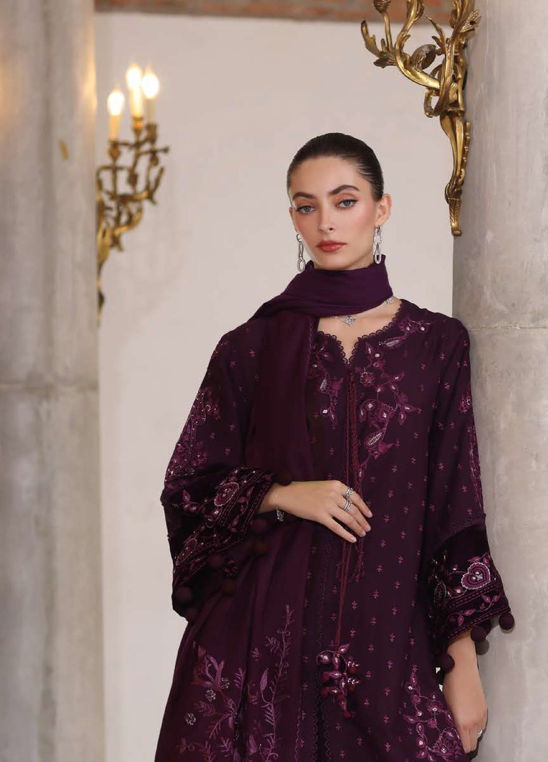 Noor by Saadia Asad Unstitched Khaddar Pashmina Shawl Embroidered Suits 3 Piece NSA25PW D9-Damson - Winter Collection