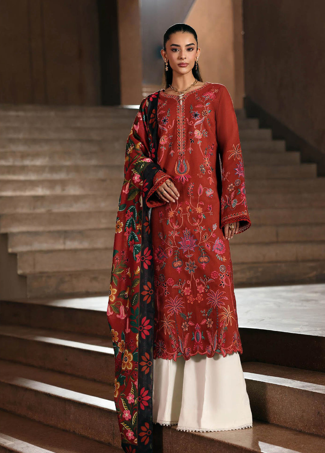 Rajbari Premium Unstitched Peach Winter Shawl Exclusive Embroidered Suits 3 Piece RB25PW D-10 - Winter Collection