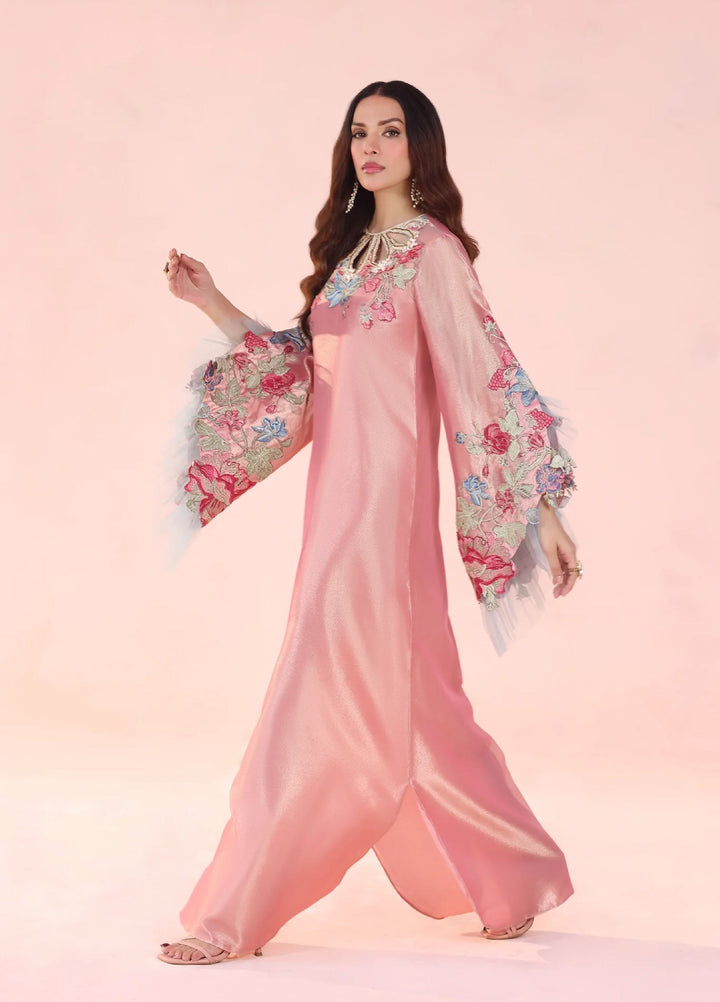 Eterna by Musferah Saad Pret Embroidered Tissue Kaftaan Moonlit Blush - Festive Collection