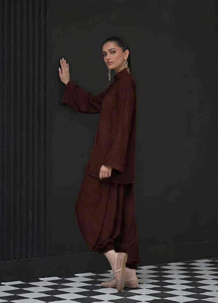 Minor Defect by Ayesha Somaya RTW Solids Irish Linen 2 Piece Suit Brown Mandarin Casual Collection