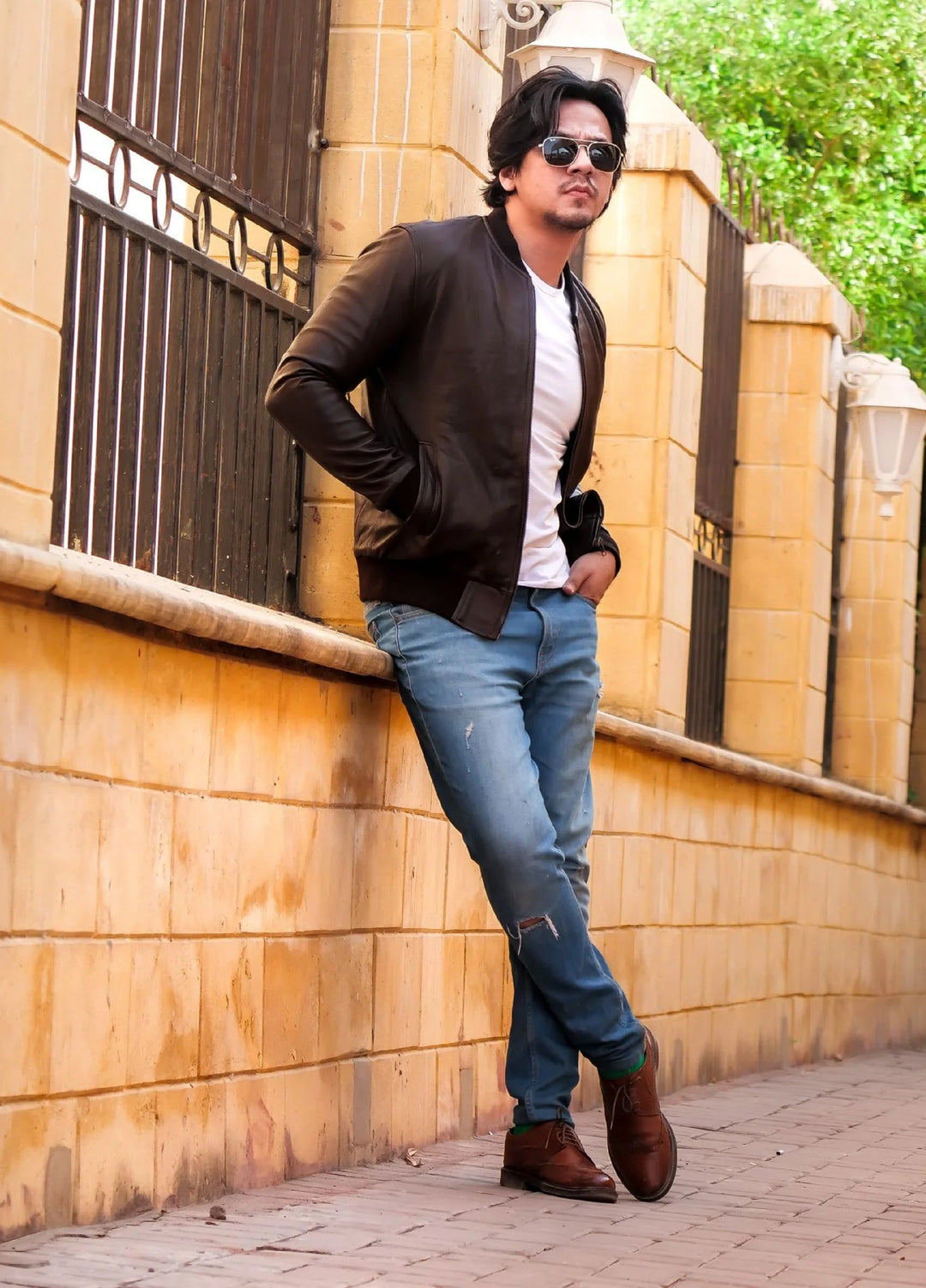 Bomber Style Mens Leather Jacket-Brown