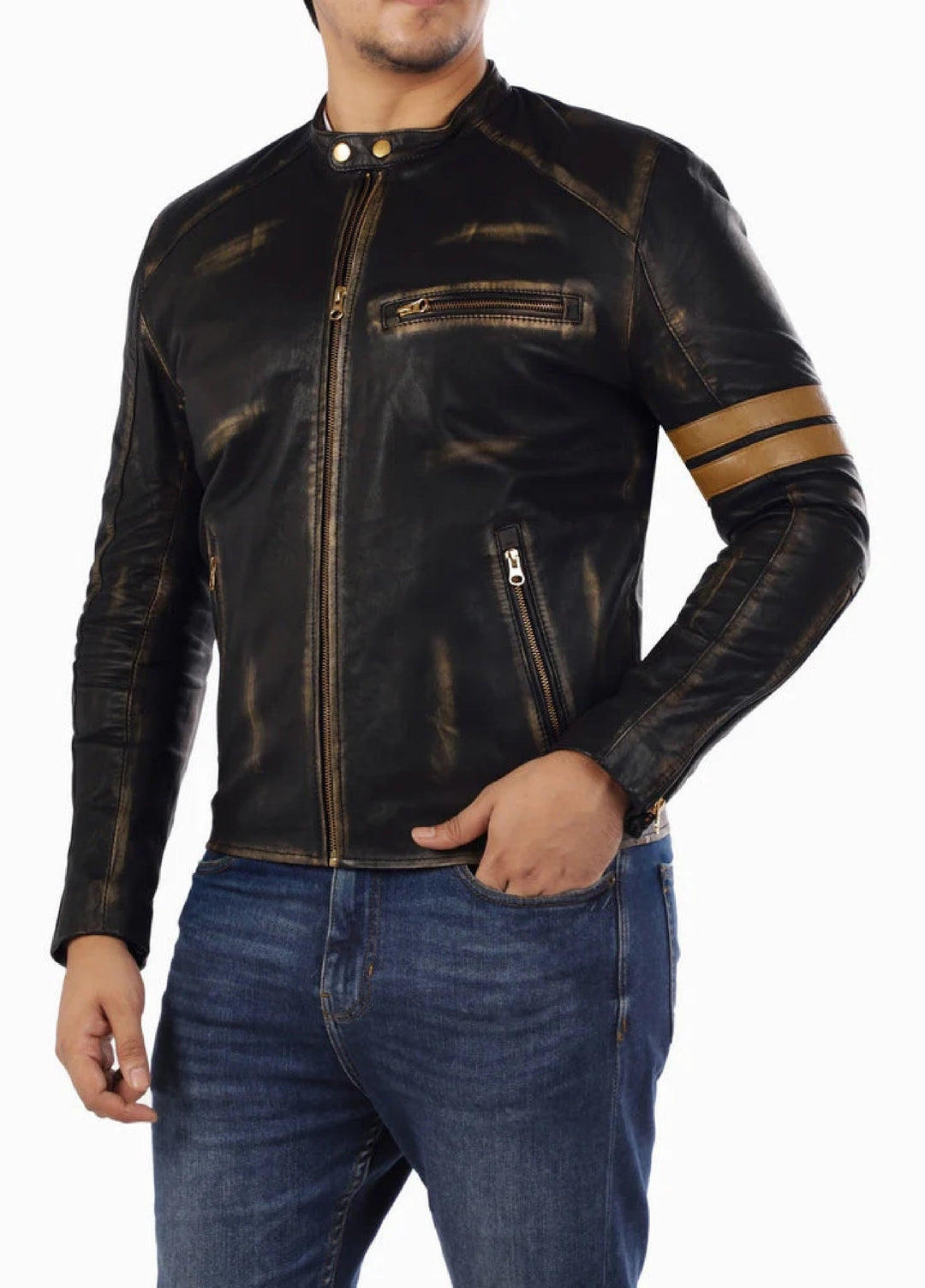 Cafe Racer Genuine Lambskin Leather Jacket-Black