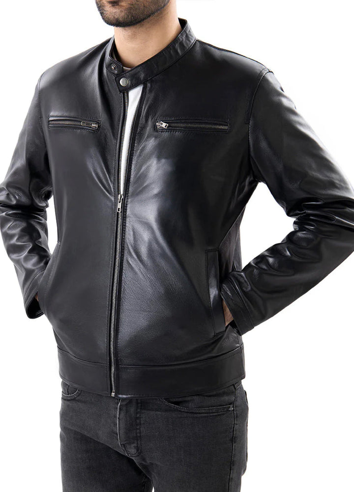 Black Mens Pure Sheep Leather Zipper Front Pockets Jacket