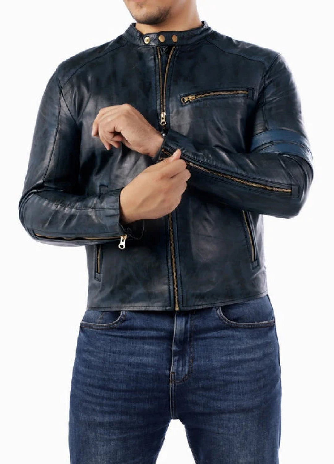 Cafe Racer Genuine Lambskin Leather Jacket-Blue