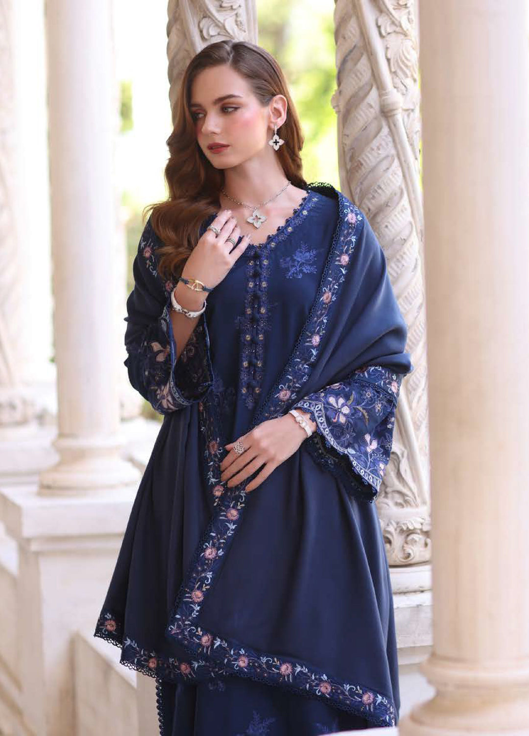 Noor by Saadia Asad Unstitched Linen Pashmina Shawl Embroidered Suits 3 Piece NSA25PW D4-Sapphire - Winter Collection