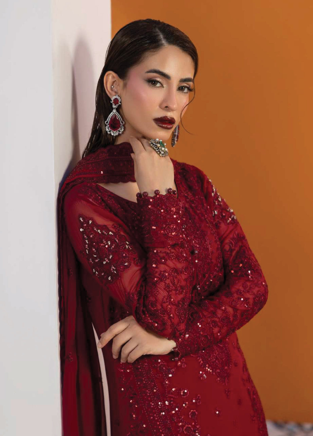 Maeri by Gulaal Unstitched Embroidered Chiffon 4 Piece Suit GL26UMC Crimson D-46 - Festive Collection