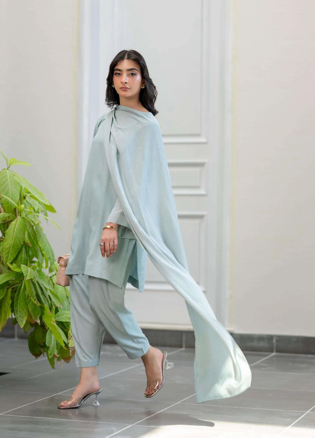 Minor Defect by Ayesha Somaya RTW Solids Irish Linen 2 Piece Suit Mint Drape Casual Collection