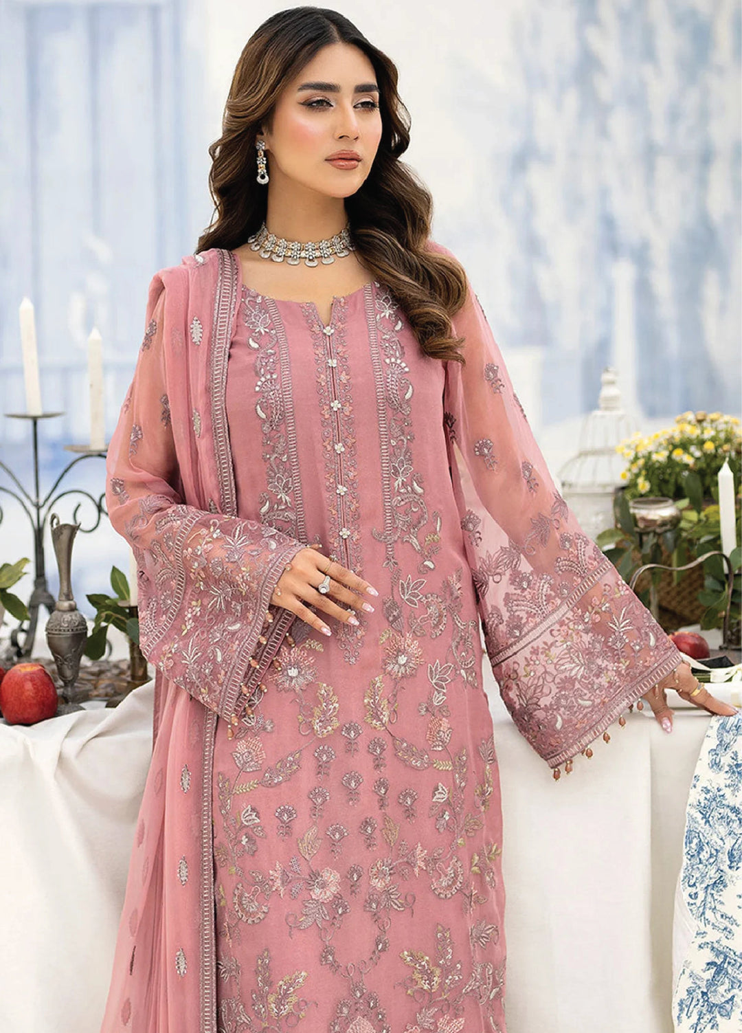 Lavish Premium Unstitched Embroidered Chiffon 3 Piece Suit D-09 Tea Pink - Wedding Collection