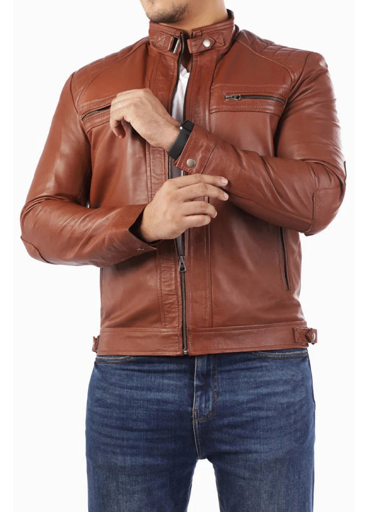 Men's Casual Signature Diamond Lambskin Leather Jacket-Tan