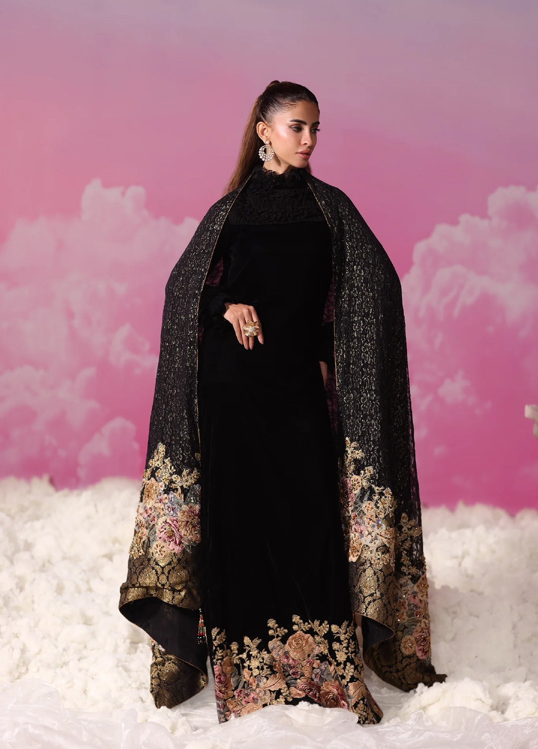 Mount Olypus by Musferah Saad Pret Embroidered Velvet Kaftaan Noir Blossom - Festive Collection