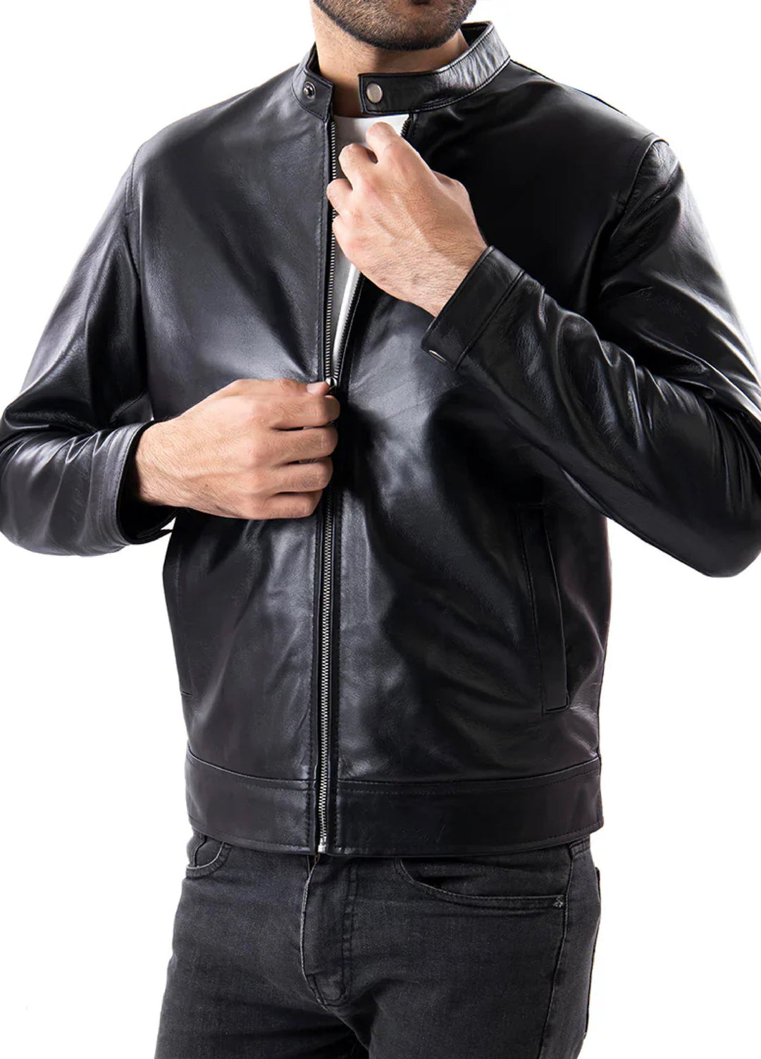 Black Mens Pure Sheep Leather Zipper Jacket