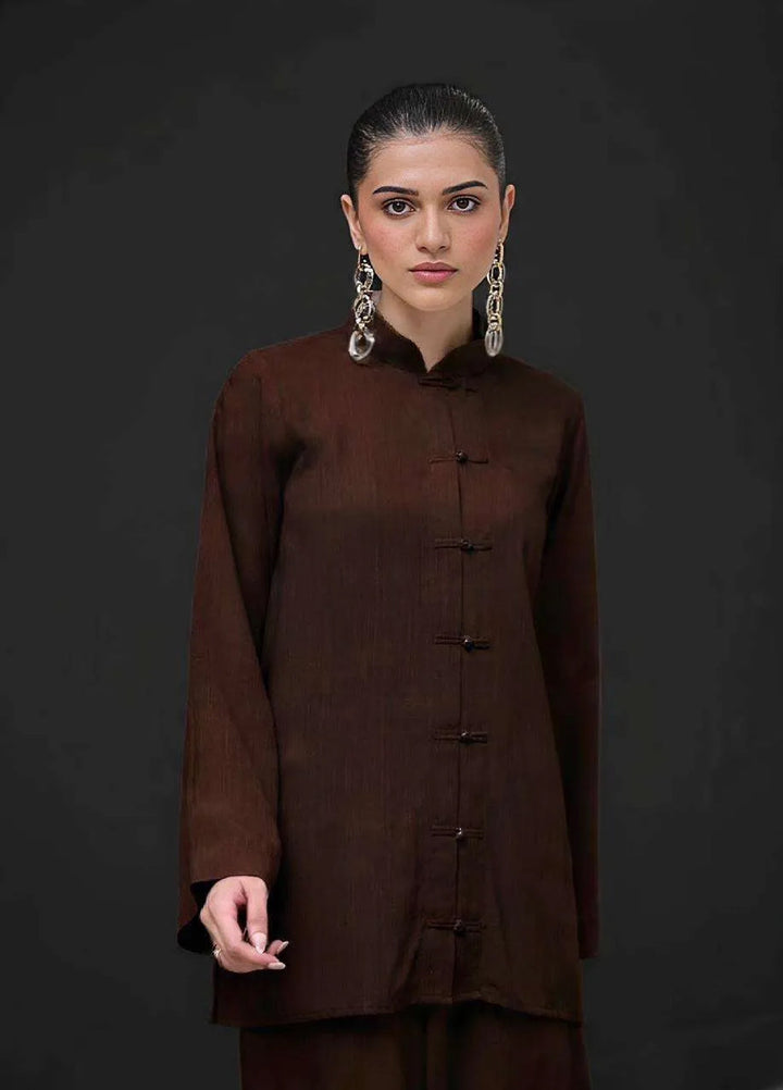 Minor Defect by Ayesha Somaya RTW Solids Irish Linen 2 Piece Suit Brown Mandarin Casual Collection