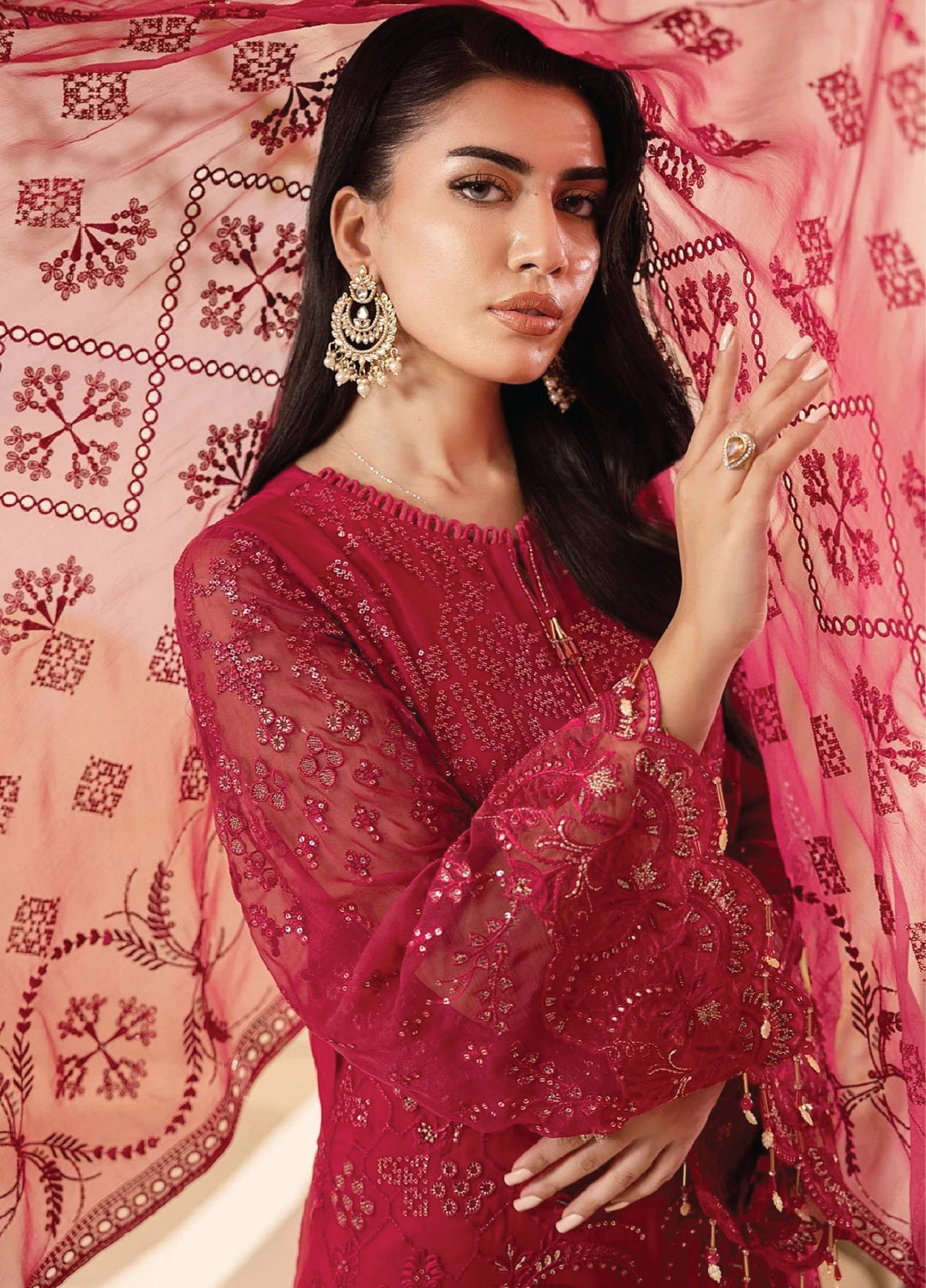Lavish Premium Unstitched Embroidered Chiffon 3 Piece Suit Crimson - Wedding Collection