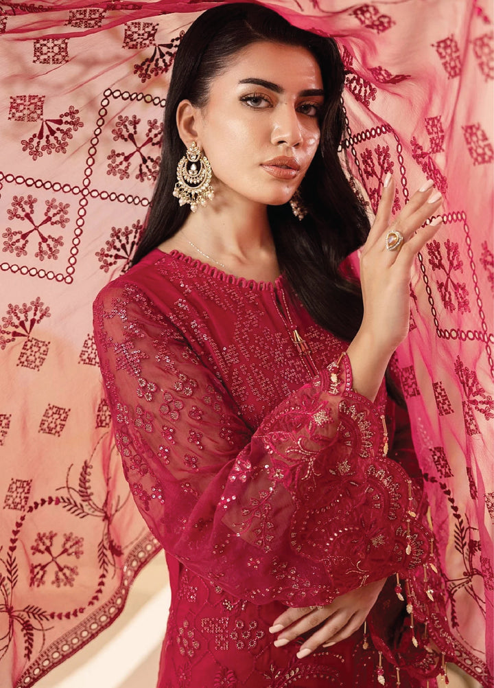 Lavish Premium Unstitched Embroidered Chiffon 3 Piece Suit Crimson - Wedding Collection
