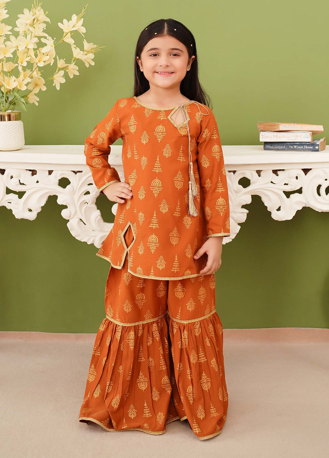 Modest Girls Pret Printed 3 Piece Linen Mustard Gharara D-17 - Festive Collection