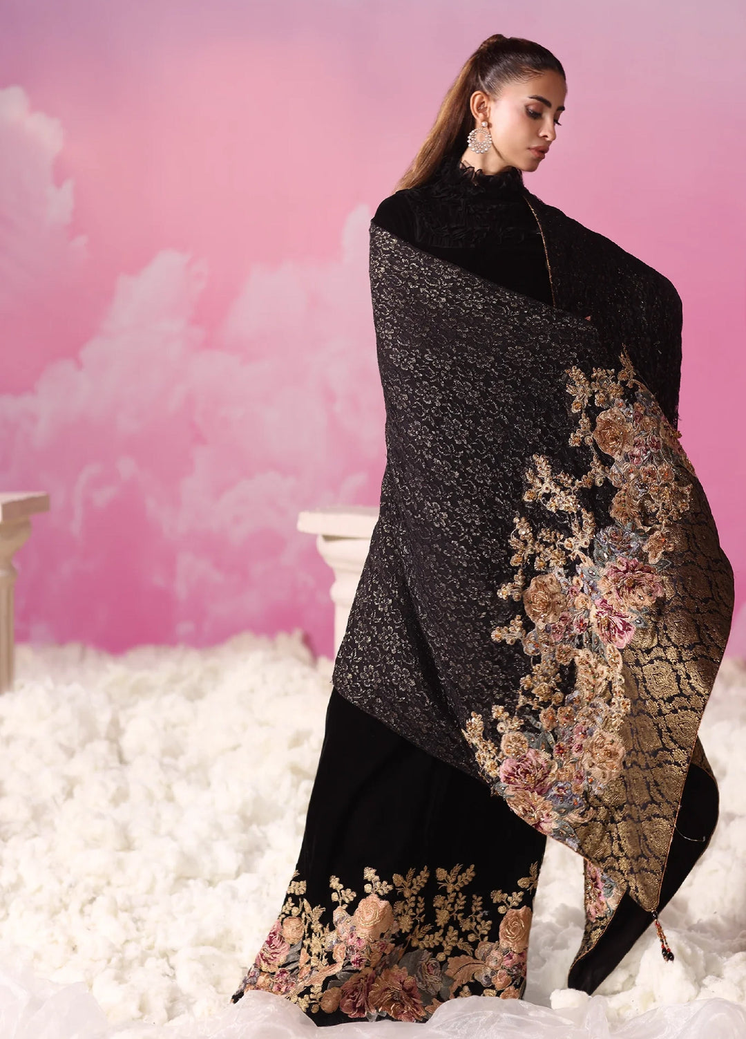 Mount Olypus by Musferah Saad Pret Embroidered Velvet Kaftaan Noir Blossom - Festive Collection