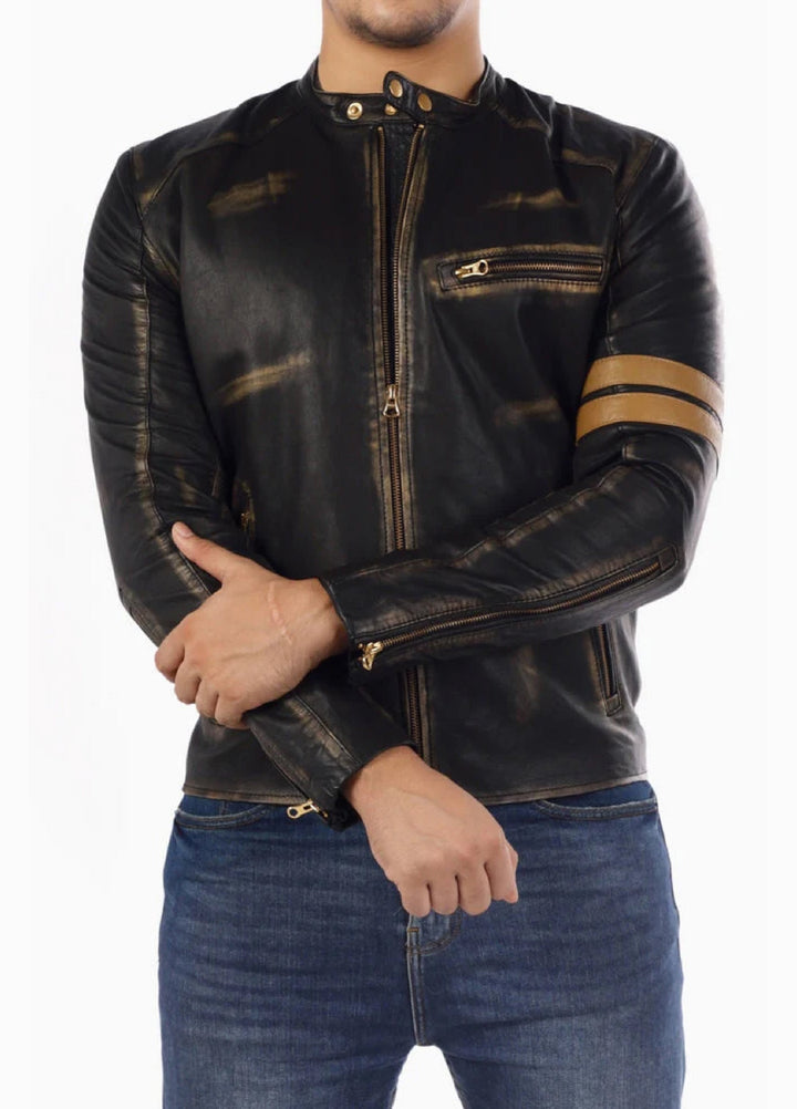 Cafe Racer Genuine Lambskin Leather Jacket-Black