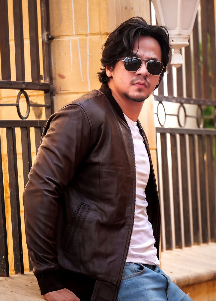 Bomber Style Mens Leather Jacket-Brown