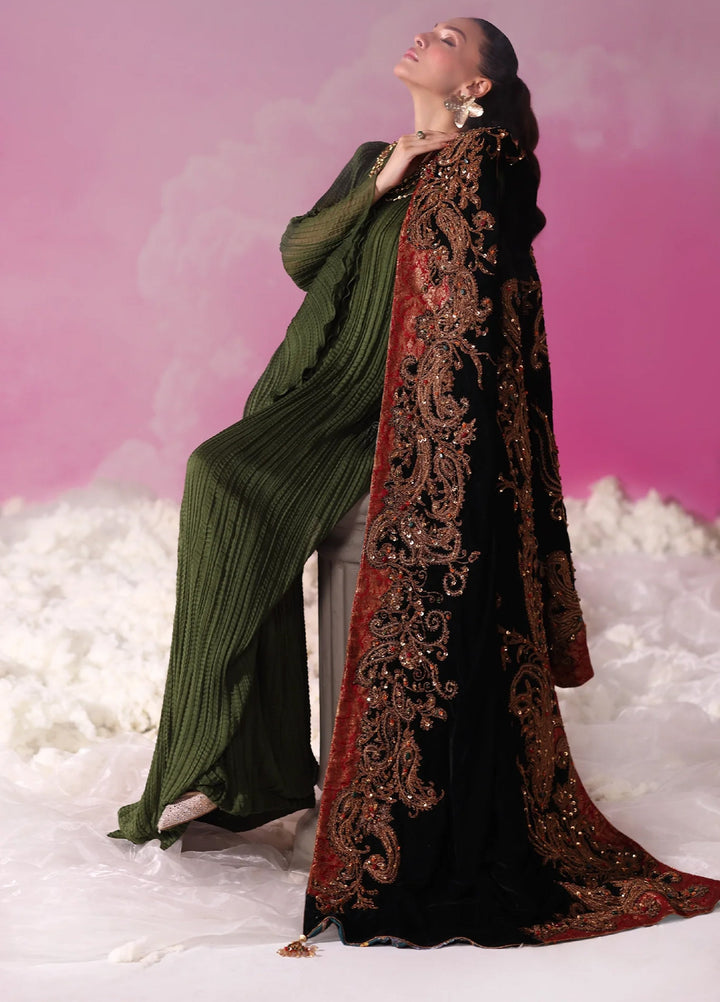 Mount Olypus by Musferah Saad Pret Embroidered Chiffon Kaftan Emerald Eclat - Festive Collection