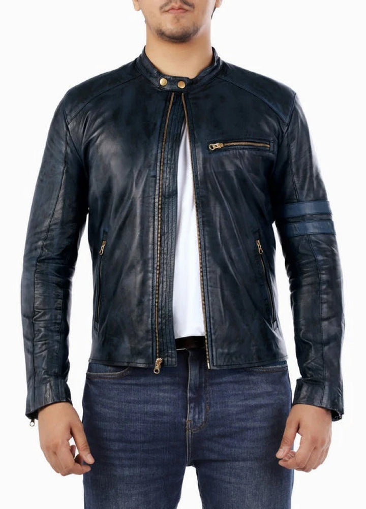 Cafe Racer Genuine Lambskin Leather Jacket-Blue