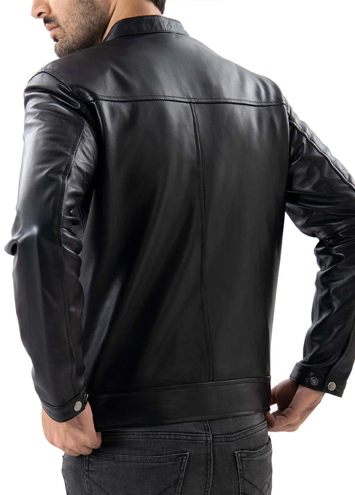 Black Mens Pure Sheep Leather Zipper Front Pockets Jacket