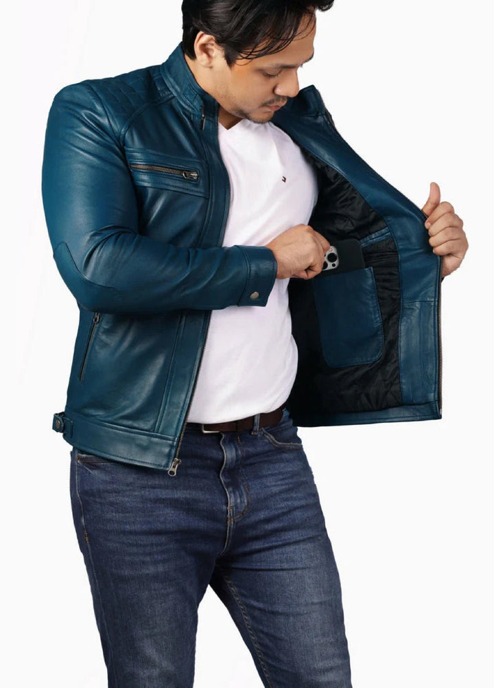 Men's Casual Signature Diamond Lambskin Leather Jacket-Blue