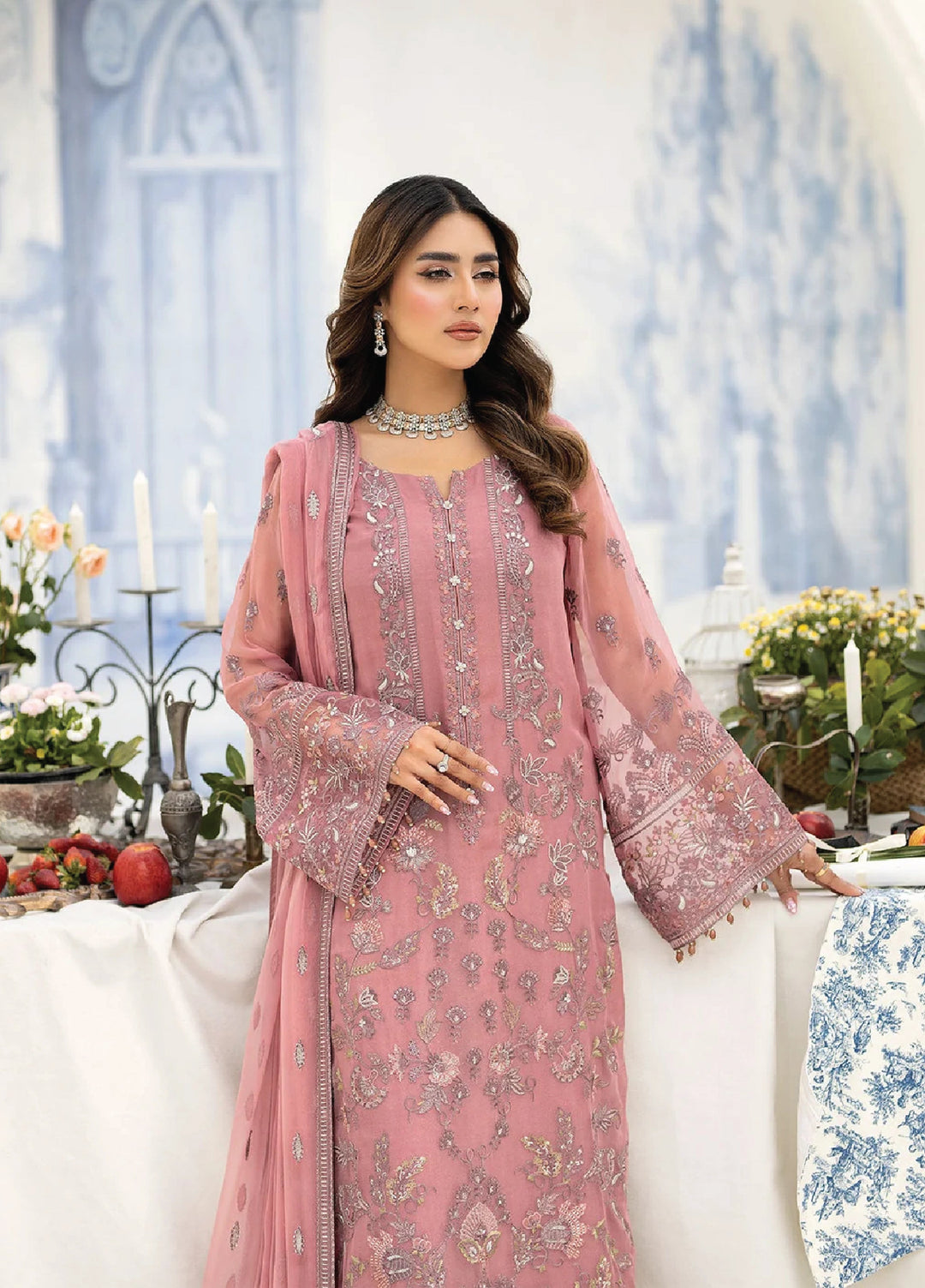 Lavish Premium Unstitched Embroidered Chiffon 3 Piece Suit D-09 Tea Pink - Wedding Collection