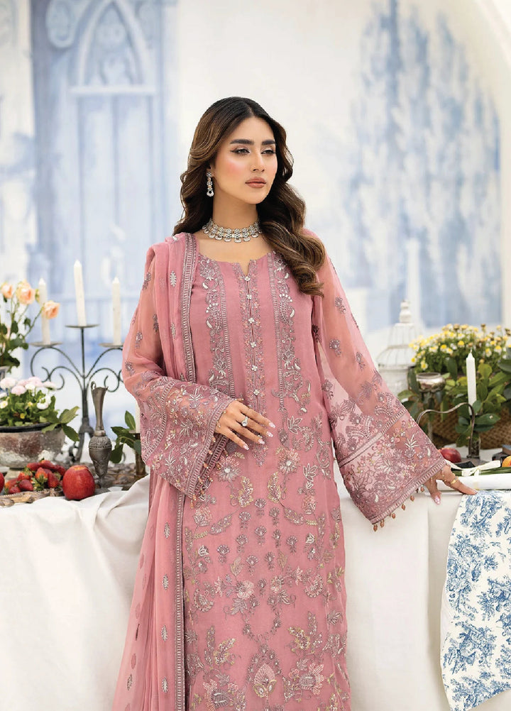 Lavish Premium Unstitched Embroidered Chiffon 3 Piece Suit D-09 Tea Pink - Wedding Collection