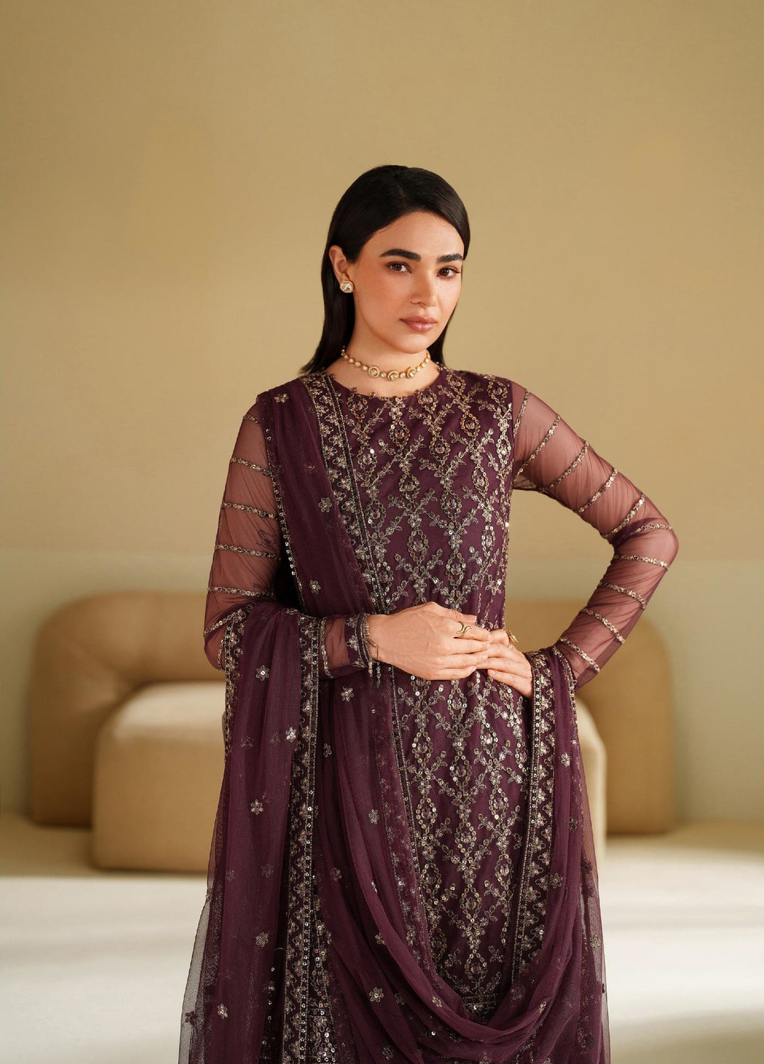 Roohi By Zarif Unstitched Formal Embroidered Net Suits 4 Piece ZR25UF RFE-01 Saneh - Formals Collection