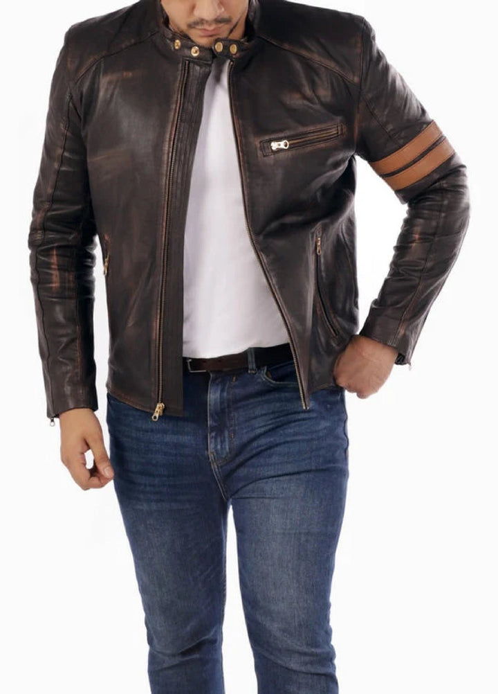 Cafe Racer Genuine Lambskin Leather Jacket-Brown