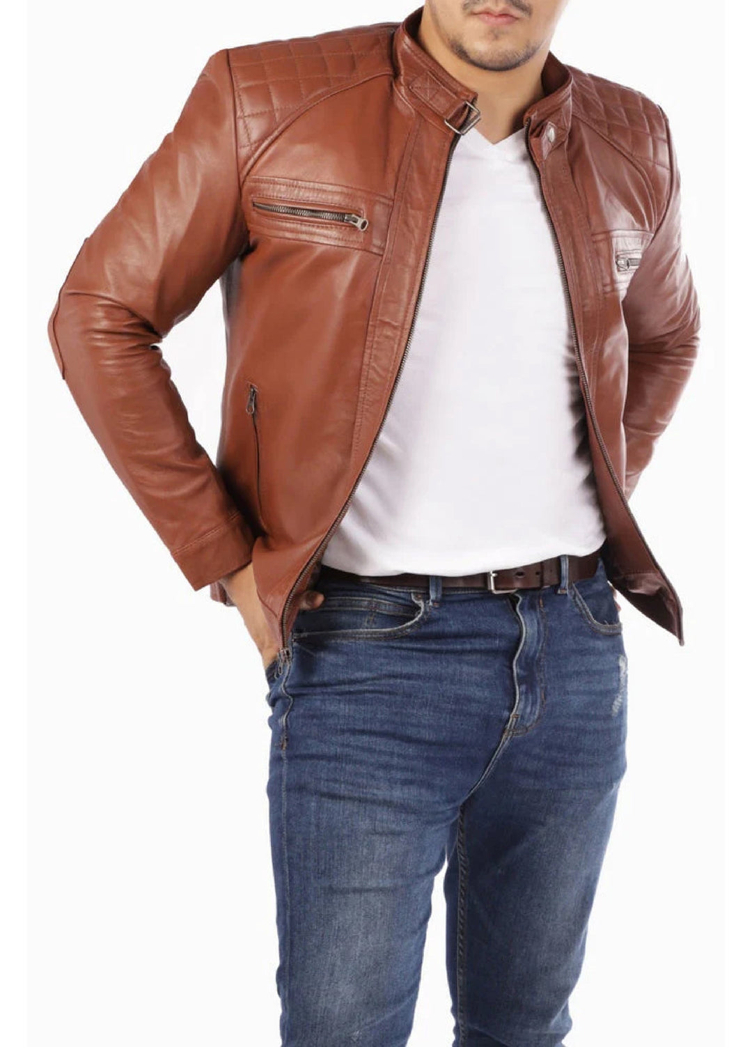 Men's Casual Signature Diamond Lambskin Leather Jacket-Tan